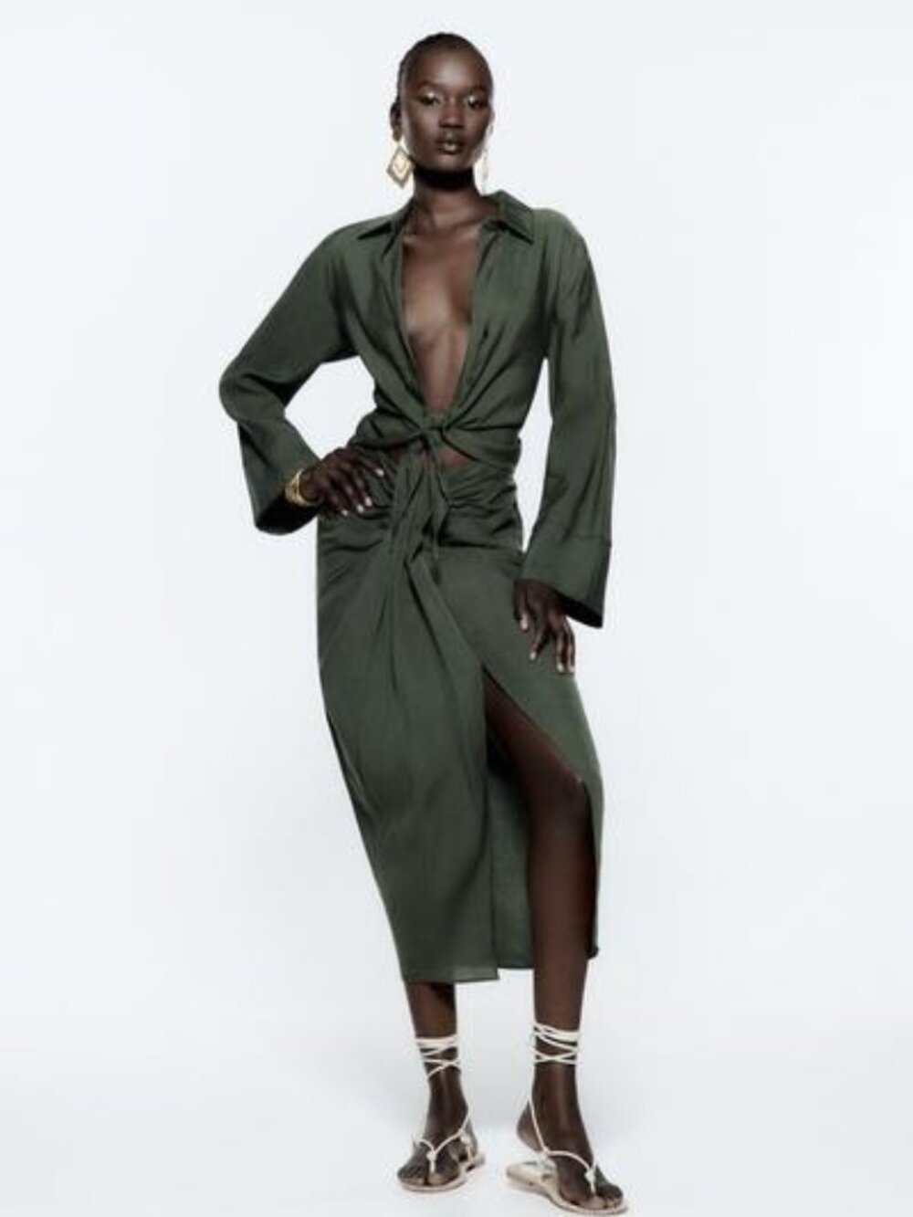 Khaki Cropped Tie Detail Shirt